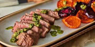 Steak and Roasted Sweet Potatoes and Beets with Kale Chimichurri